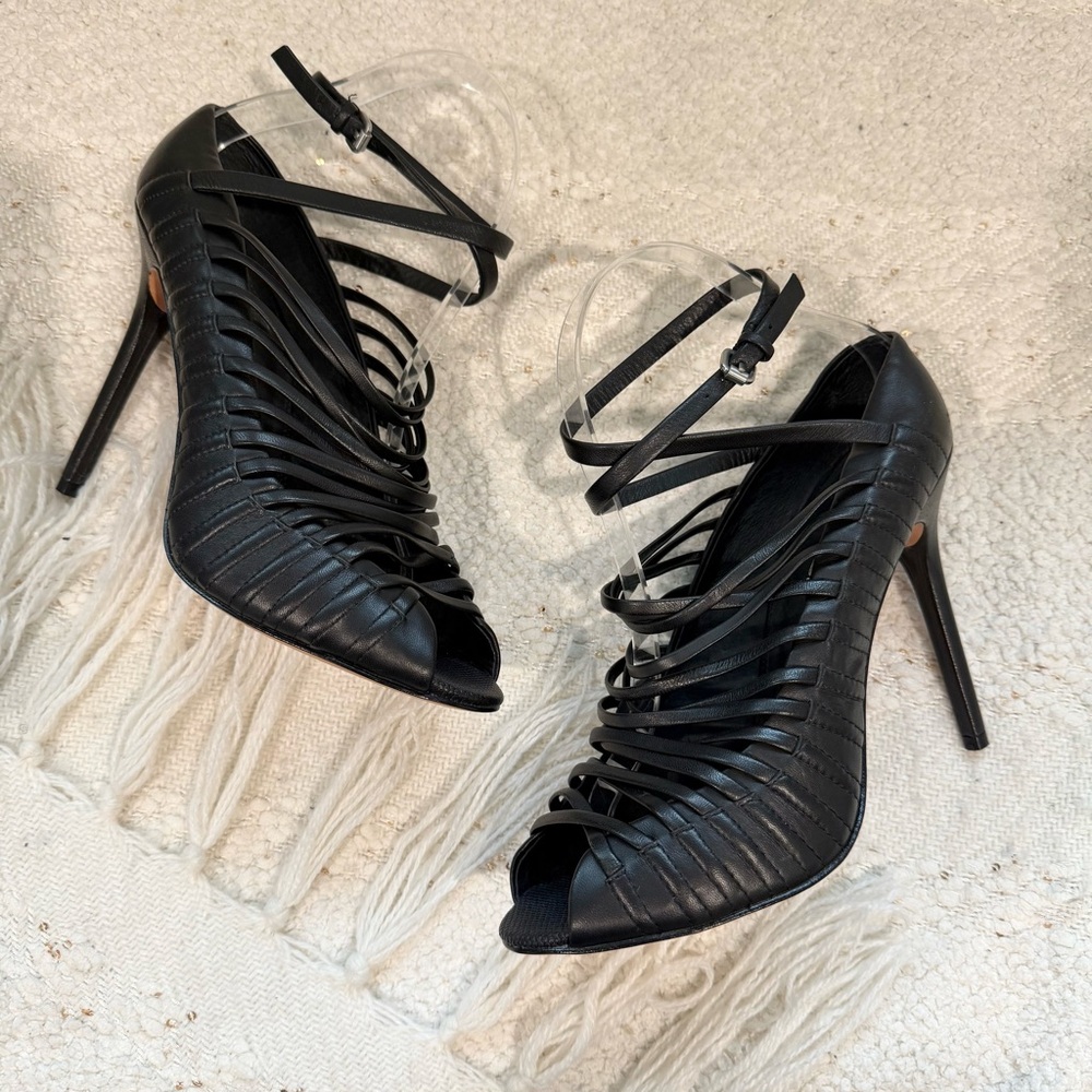 L.A.M.B Gwen Stefani ‘Bobbi’ Heels Black Leather Open Toe Strappy Stilettos 8.5